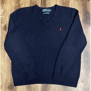 Polo Ralph Lauren 100% Lambs Wool V-Neck Pull Over Sweater Blue Mens L Preppy